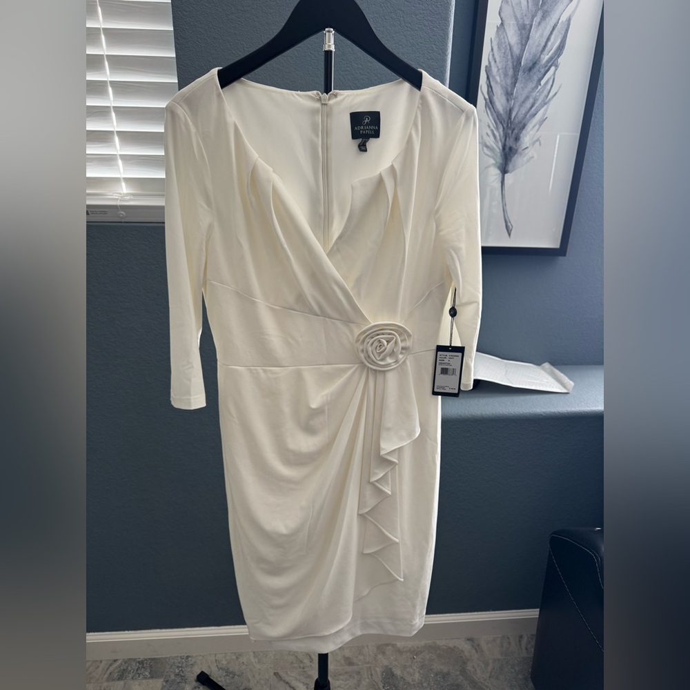 Adrianna Papell White 3/4 Sleeve Dress with Rosette Detail